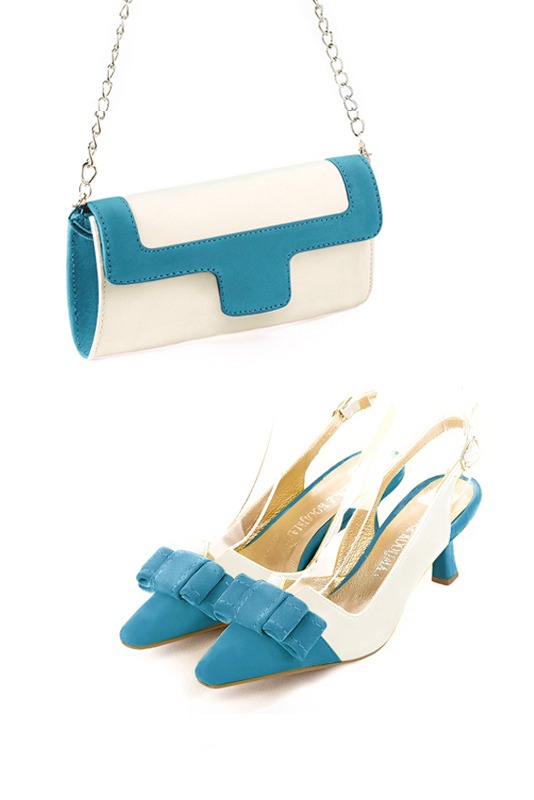 Dress clutch for wedding and parties in off white and peacock blue leather - Worn view
